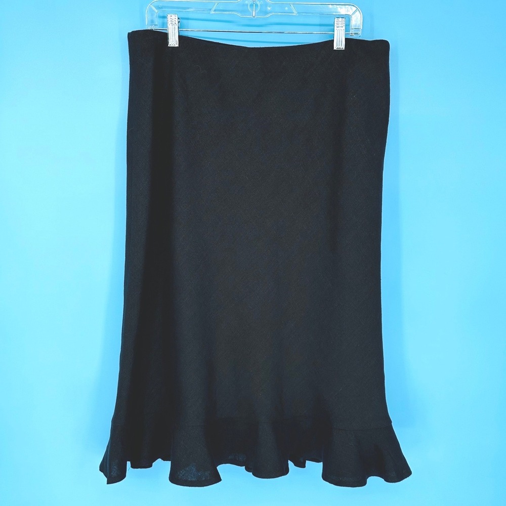 Laura Ashley Black 100% Linen Ruffle Hem Midi Skirt Size 14 Capsule Quiet Lux